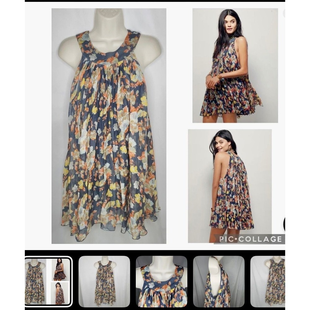 Free People Mini Dress Womens Small Blue Floral Excellent Boho Trapeze Swing